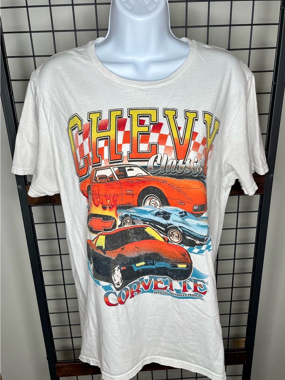 Chemistry White Tee with Orange, Blue and Black Corvette Graphic